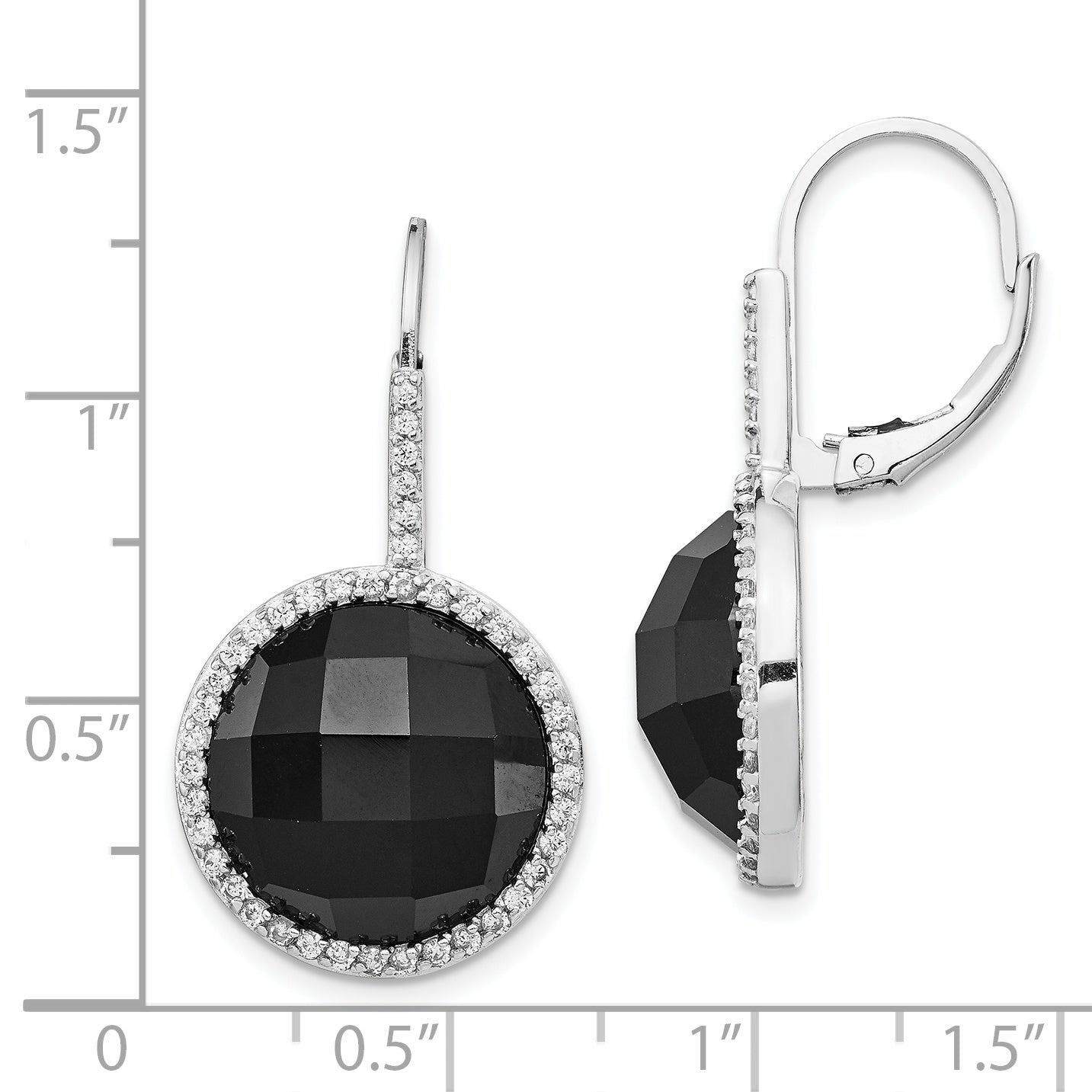 Cheryl M Sterling Silver Rhodium-plated Checker-cut Onyx and Brilliant-cut White CZ Round Halo Dangle Leverback Earrings