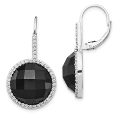 Cheryl M Sterling Silver Rhodium-plated Checker-cut Onyx and Brilliant-cut White CZ Round Halo Dangle Leverback Earrings