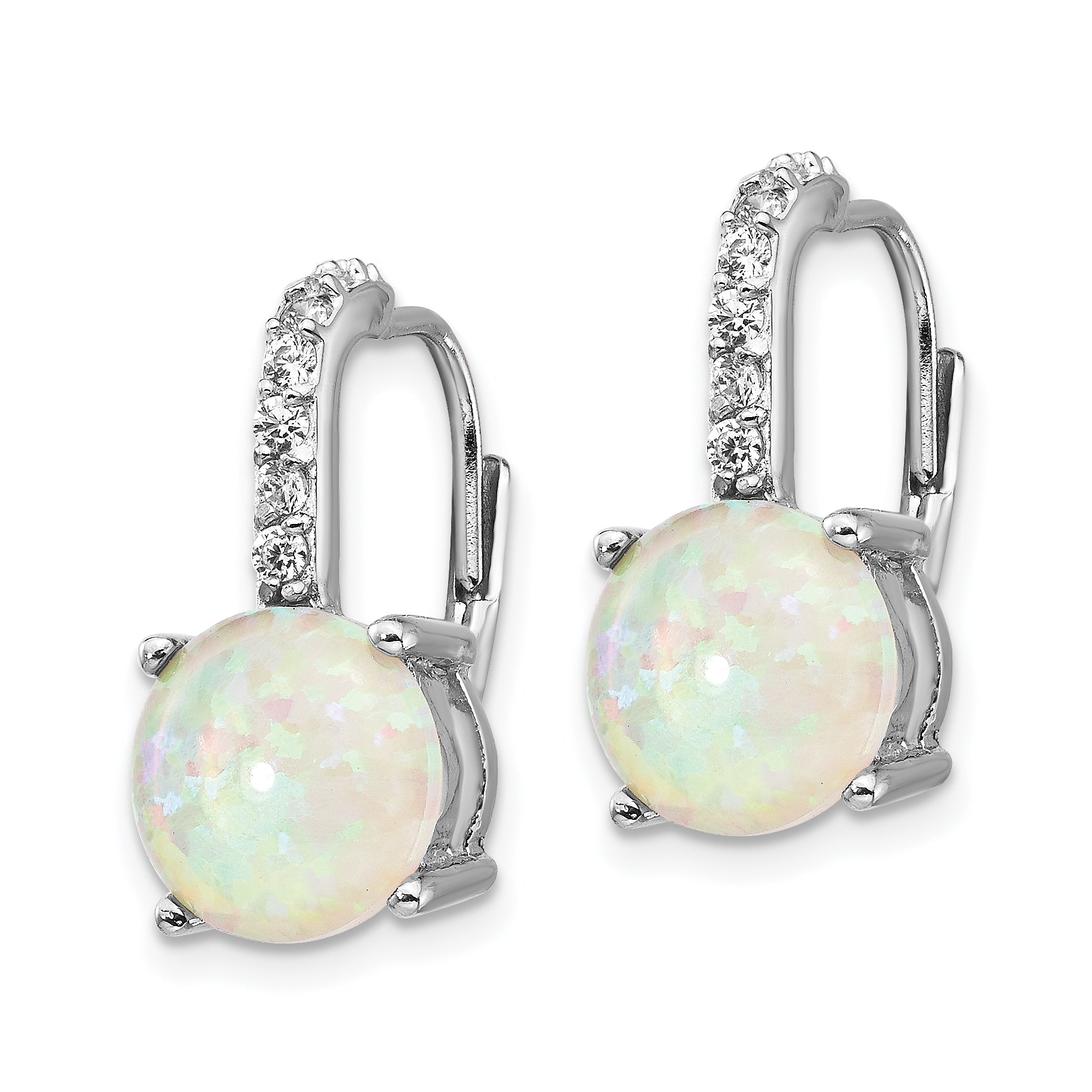 Sterling Silver Rhodium-Plated Opal & CZ Leverback Earrings – Elegant, Polished Finish