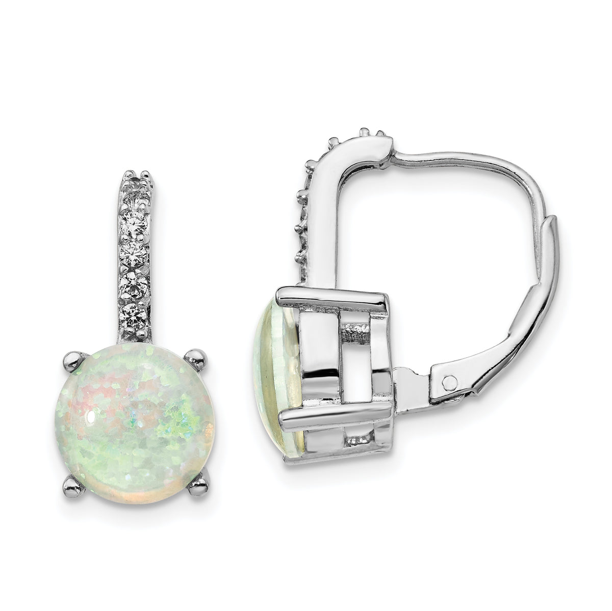 Cheryl M Sterling Silver Rhodium-plated Cabochon Lab Created Opal and Brilliant-cut CZ Leverback Earrings