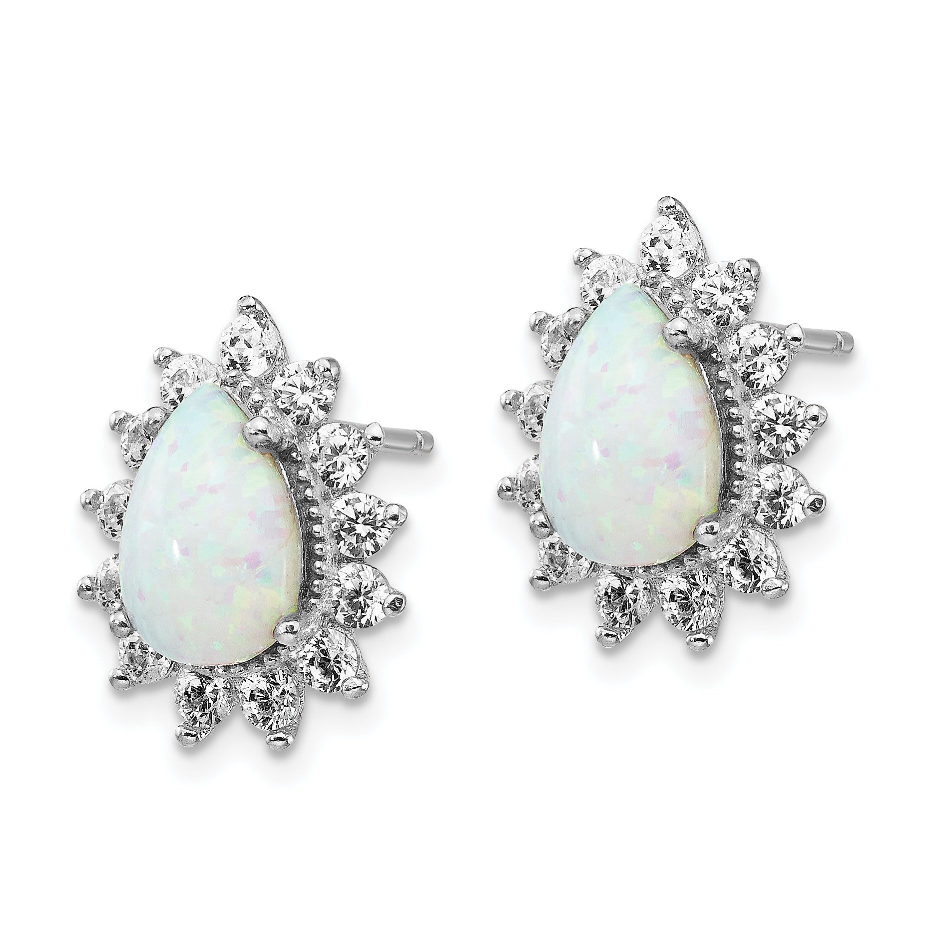 Cheryl M Sterling Silver Rhodium-plated Cabochon Lab Created Opal and Brilliant-cut CZ Teardrop Halo Post Earrings