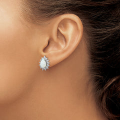 Cheryl M Sterling Silver Rhodium-plated Cabochon Lab Created Opal and Brilliant-cut CZ Teardrop Halo Post Earrings