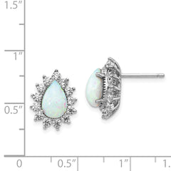 Cheryl M Sterling Silver Rhodium-plated Cabochon Lab Created Opal and Brilliant-cut CZ Teardrop Halo Post Earrings