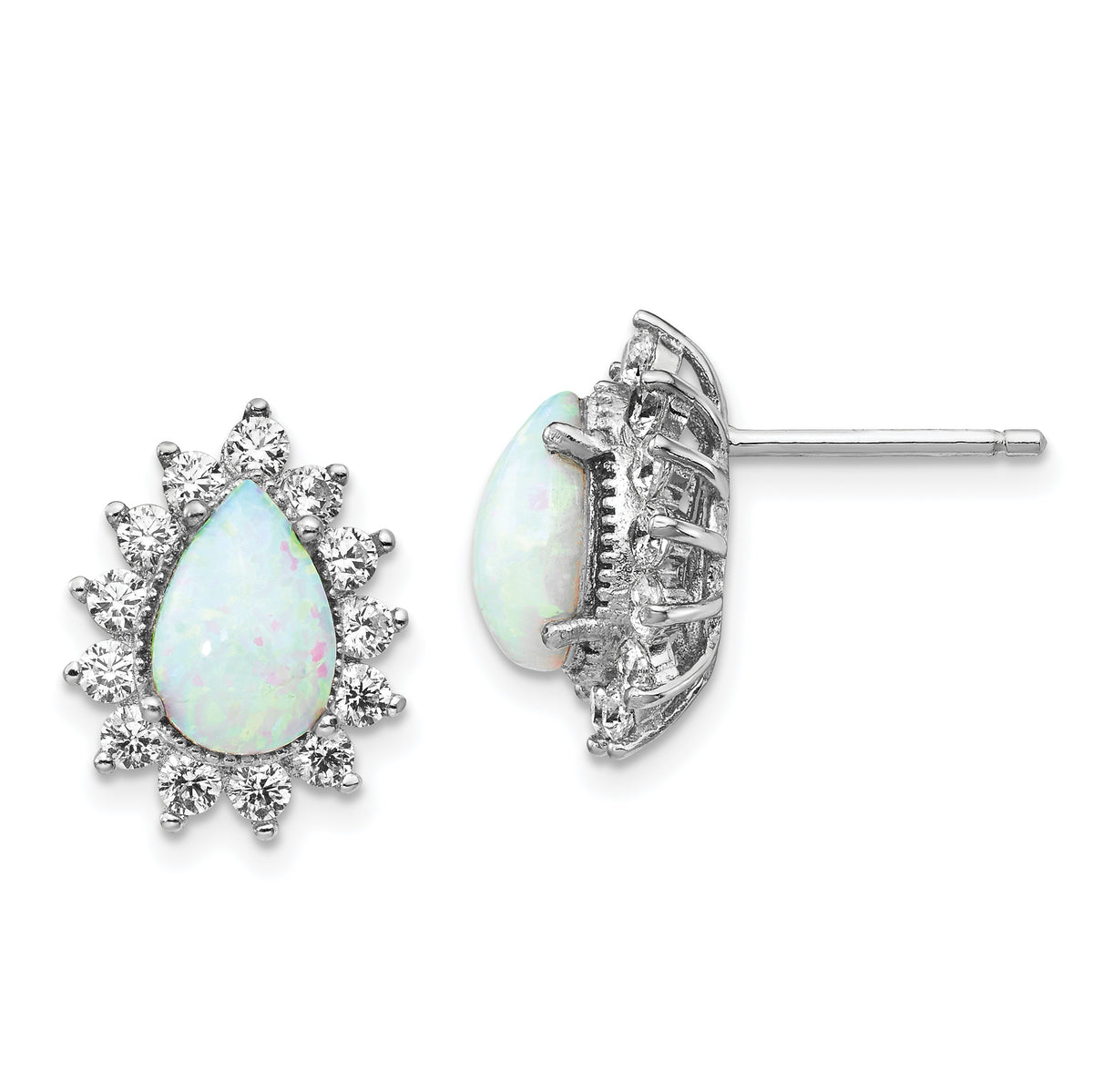 Cheryl M Sterling Silver Rhodium-plated Cabochon Lab Created Opal and Brilliant-cut CZ Teardrop Halo Post Earrings