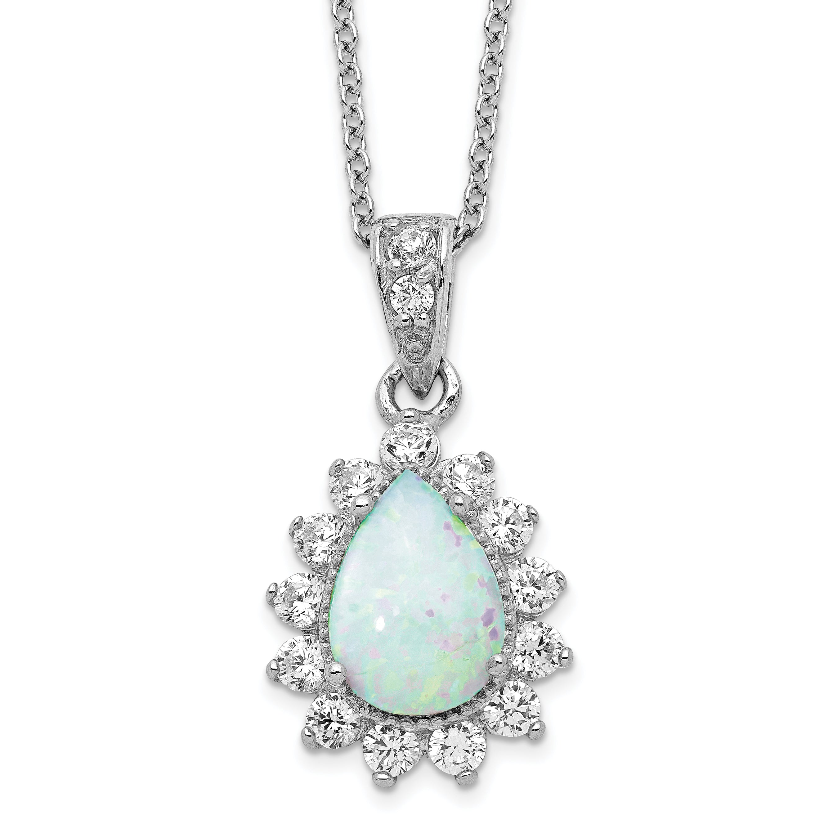 Cheryl M Sterling Silver Rhodium-plated Cabochon Lab Created Opal and Brilliant-cut CZ Teardrop Halo 18 Inch Necklace