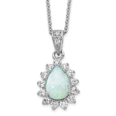 Cheryl M Sterling Silver Rhodium-plated Cabochon Lab Created Opal and Brilliant-cut CZ Teardrop Halo 18 Inch Necklace