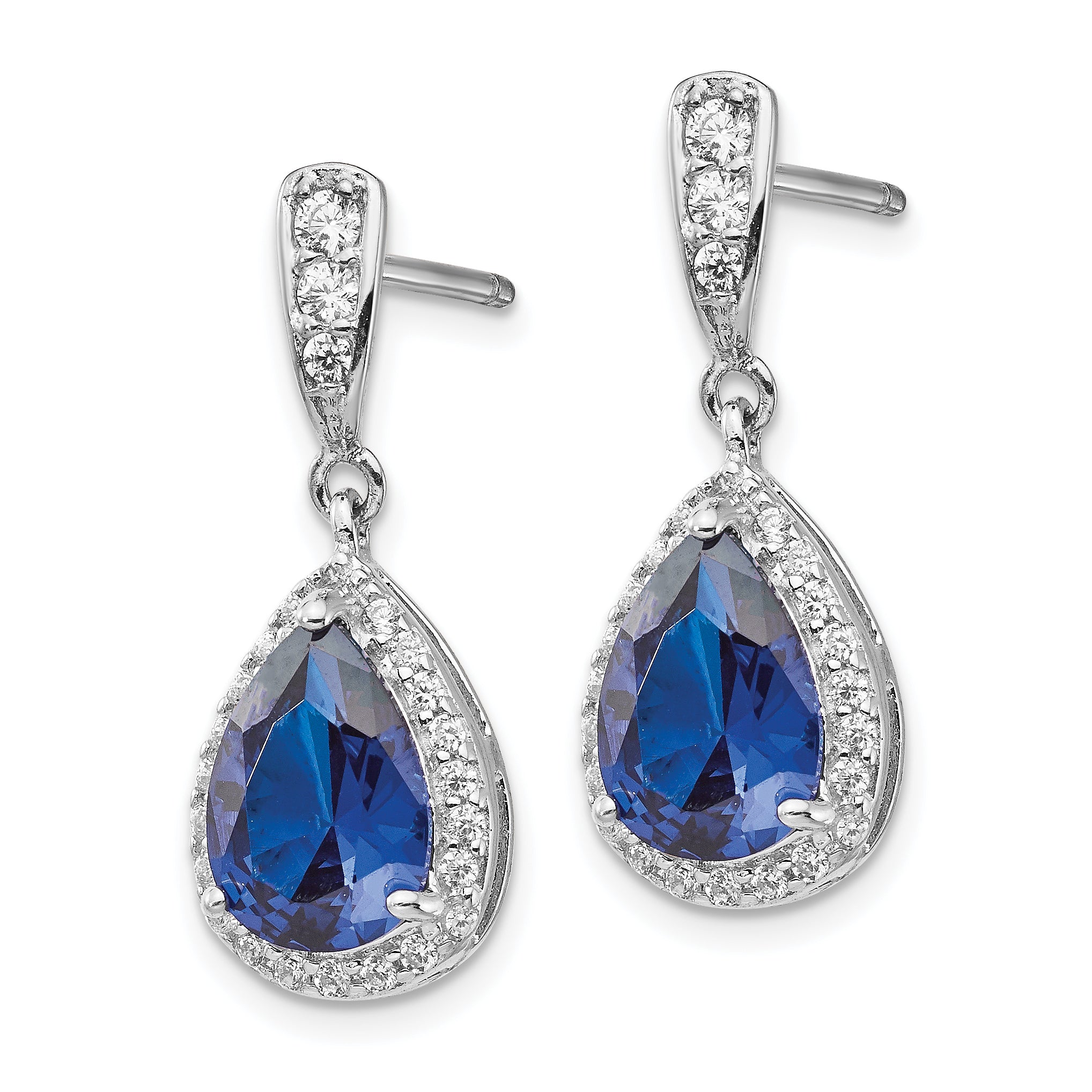 Sterling Silver Rhodium-Plated Blue Spinel & CZ Teardrop Dangle Earrings