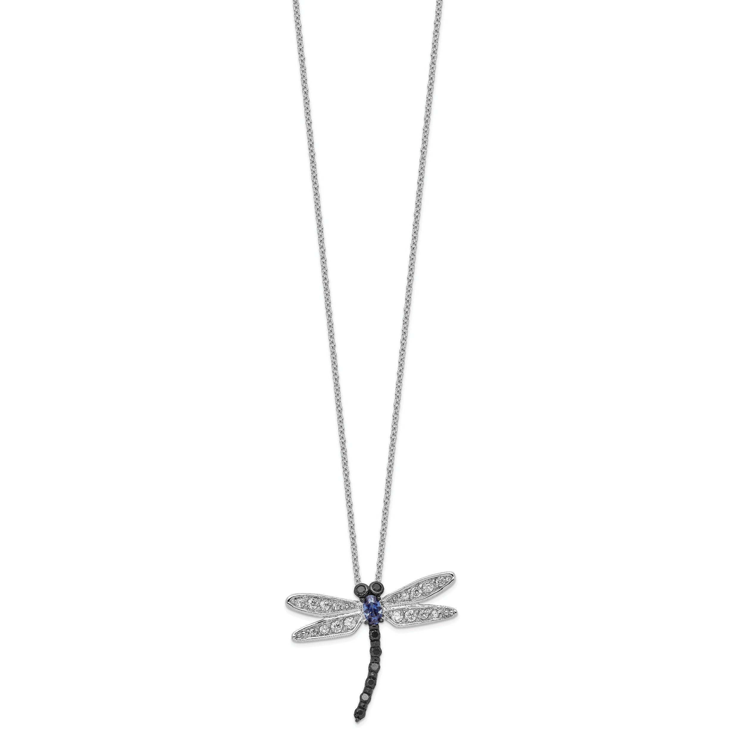 Cheryl M Sterling Silver Rhodium-plated with Black Rhodium Accent Brilliant-cut Black White and Blue CZ Dragonfly 18 Inch Necklace