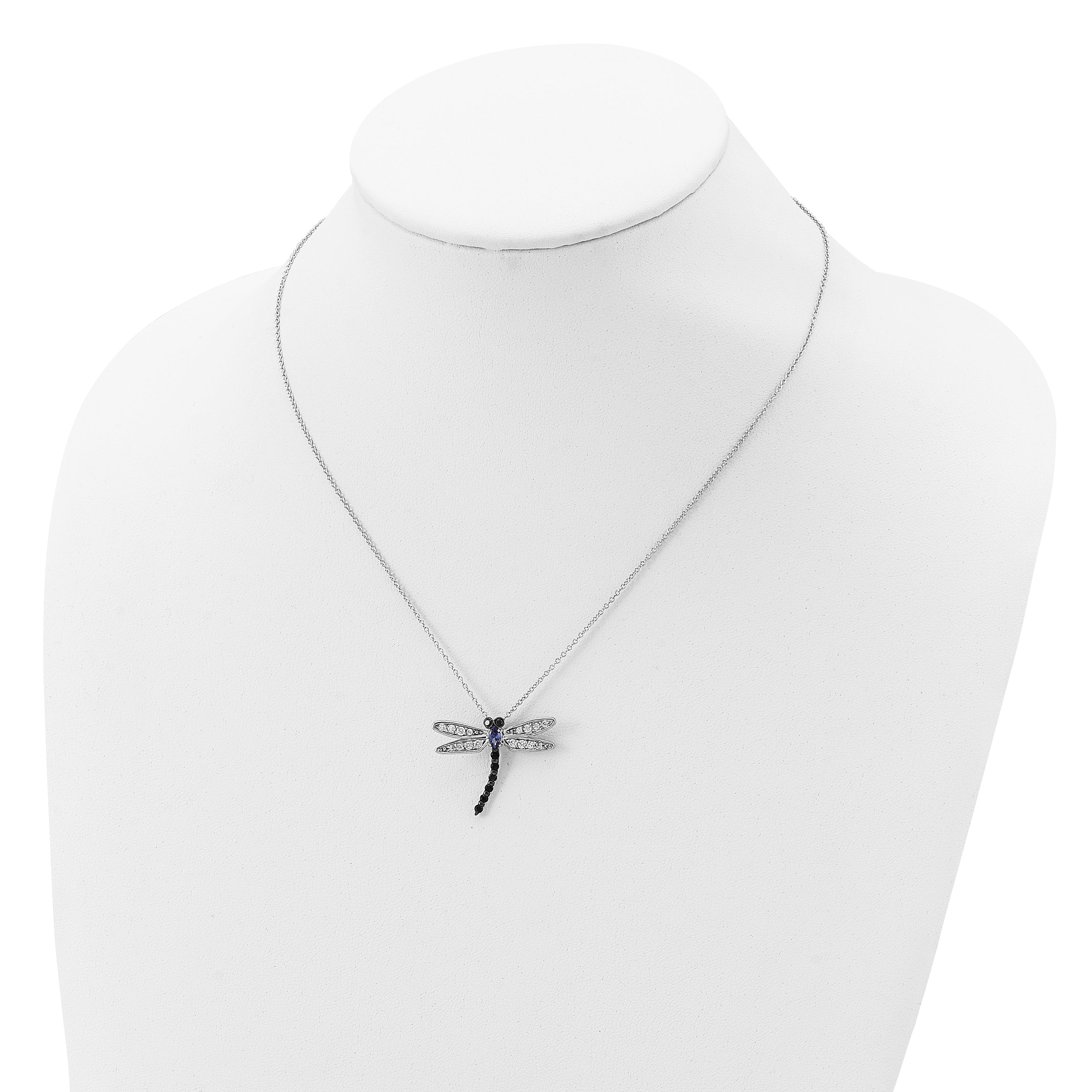 Cheryl M Sterling Silver Rhodium-plated with Black Rhodium Accent Brilliant-cut Black White and Blue CZ Dragonfly 18 Inch Necklace