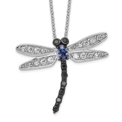 Cheryl M Sterling Silver Rhodium-plated with Black Rhodium Accent Brilliant-cut Black White and Blue CZ Dragonfly 18 Inch Necklace