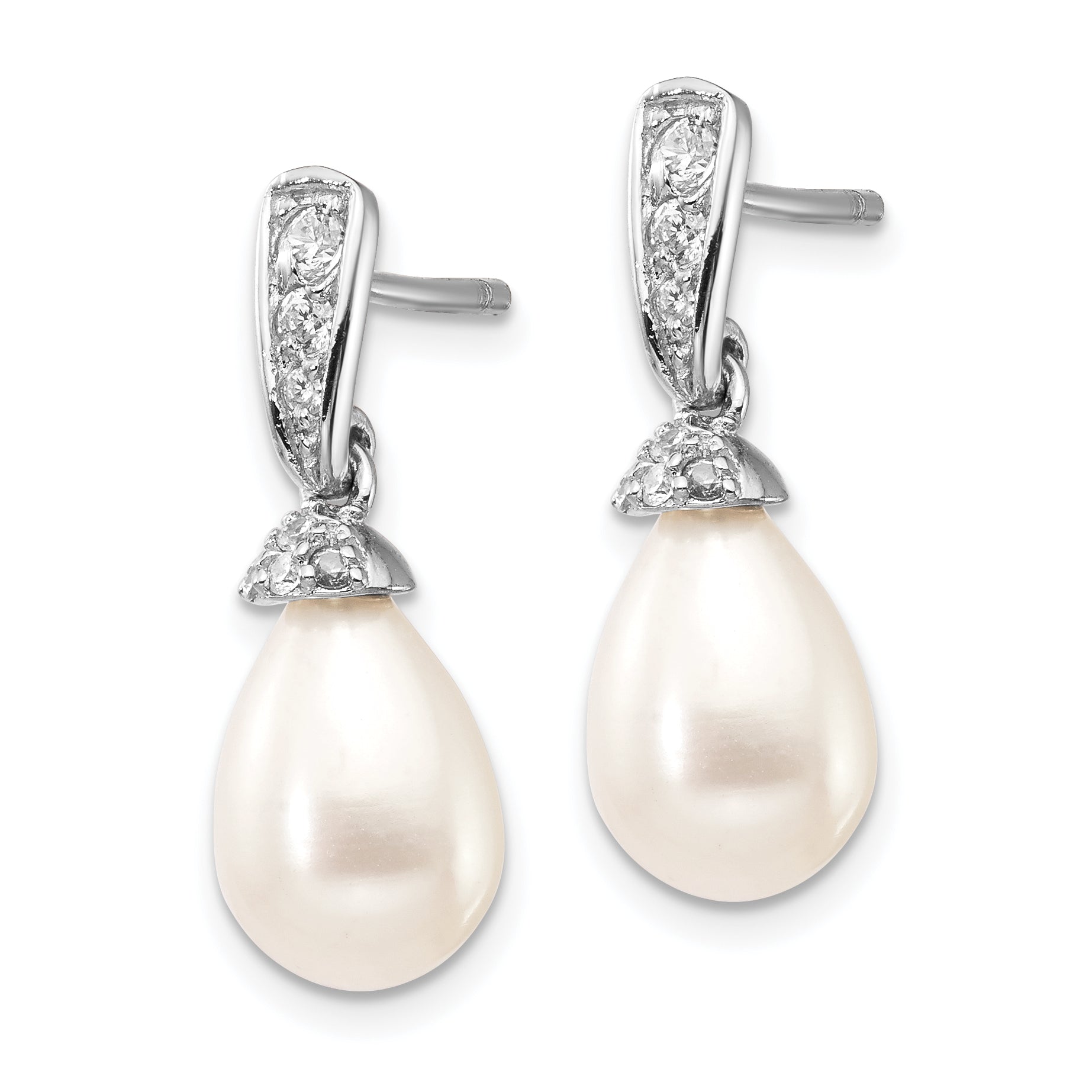 Cheryl M Sterling Silver Rhodium-plated Teardrop White Freshwater Cultured Pearl and Brilliant-cut CZ Post Dangle Earrings