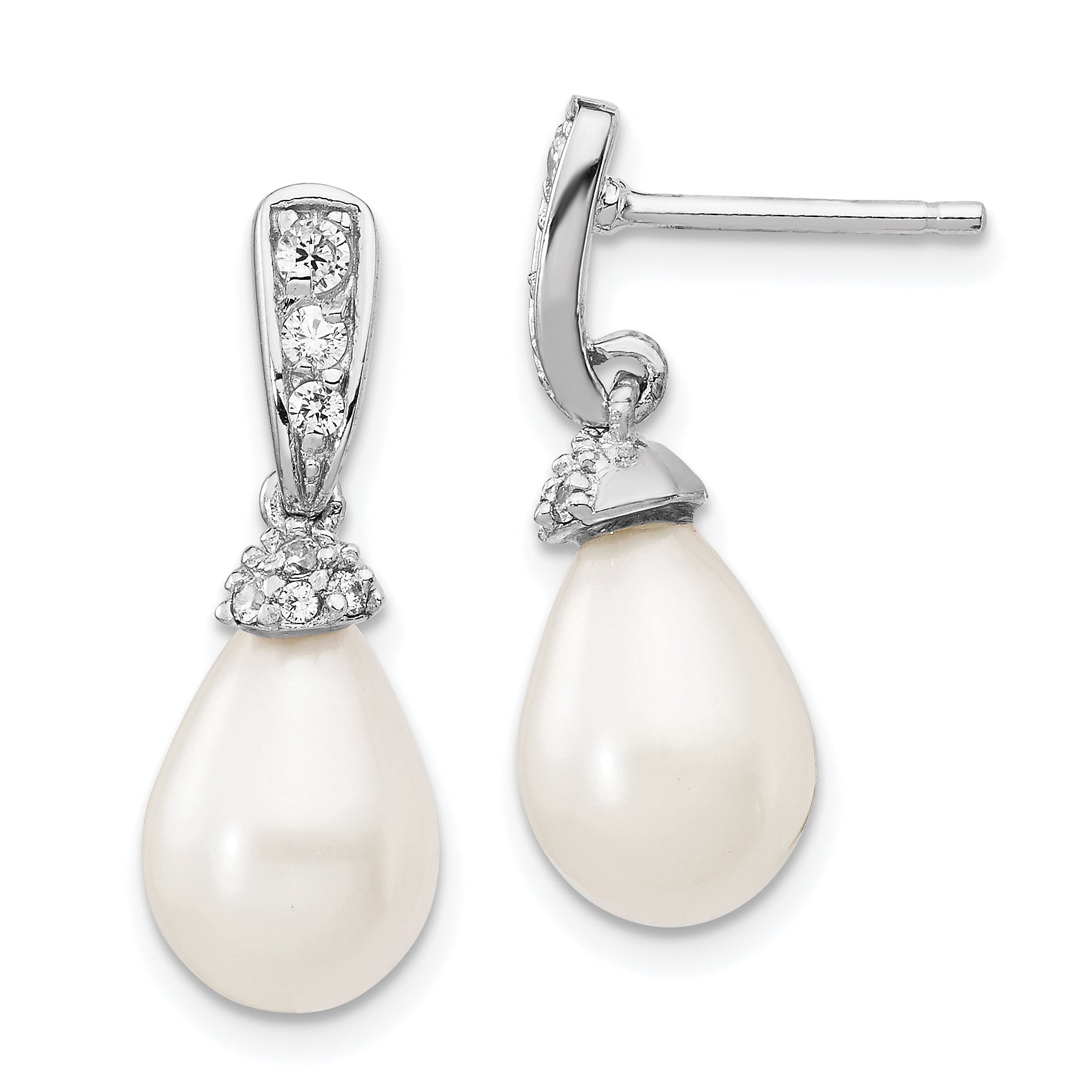 Cheryl M Sterling Silver Rhodium-plated Teardrop White Freshwater Cultured Pearl and Brilliant-cut CZ Post Dangle Earrings