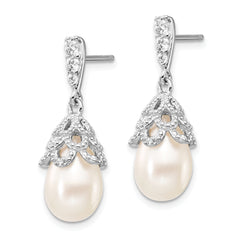 Cheryl M Sterling Silver Rhodium-plated Teardrop White Freshwater Cultured Pearl and Brilliant-cut CZ Post Dangle Earrings