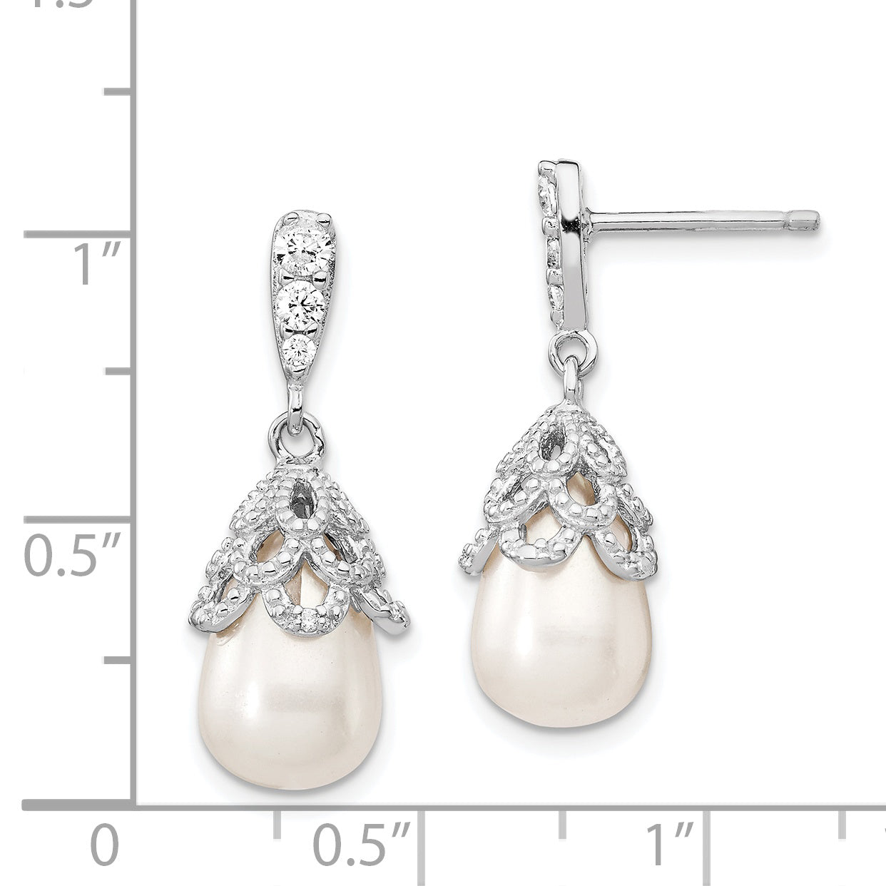 Cheryl M Sterling Silver Rhodium-plated Teardrop White Freshwater Cultured Pearl and Brilliant-cut CZ Post Dangle Earrings