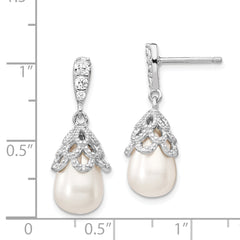 Cheryl M Sterling Silver Rhodium-plated Teardrop White Freshwater Cultured Pearl and Brilliant-cut CZ Post Dangle Earrings