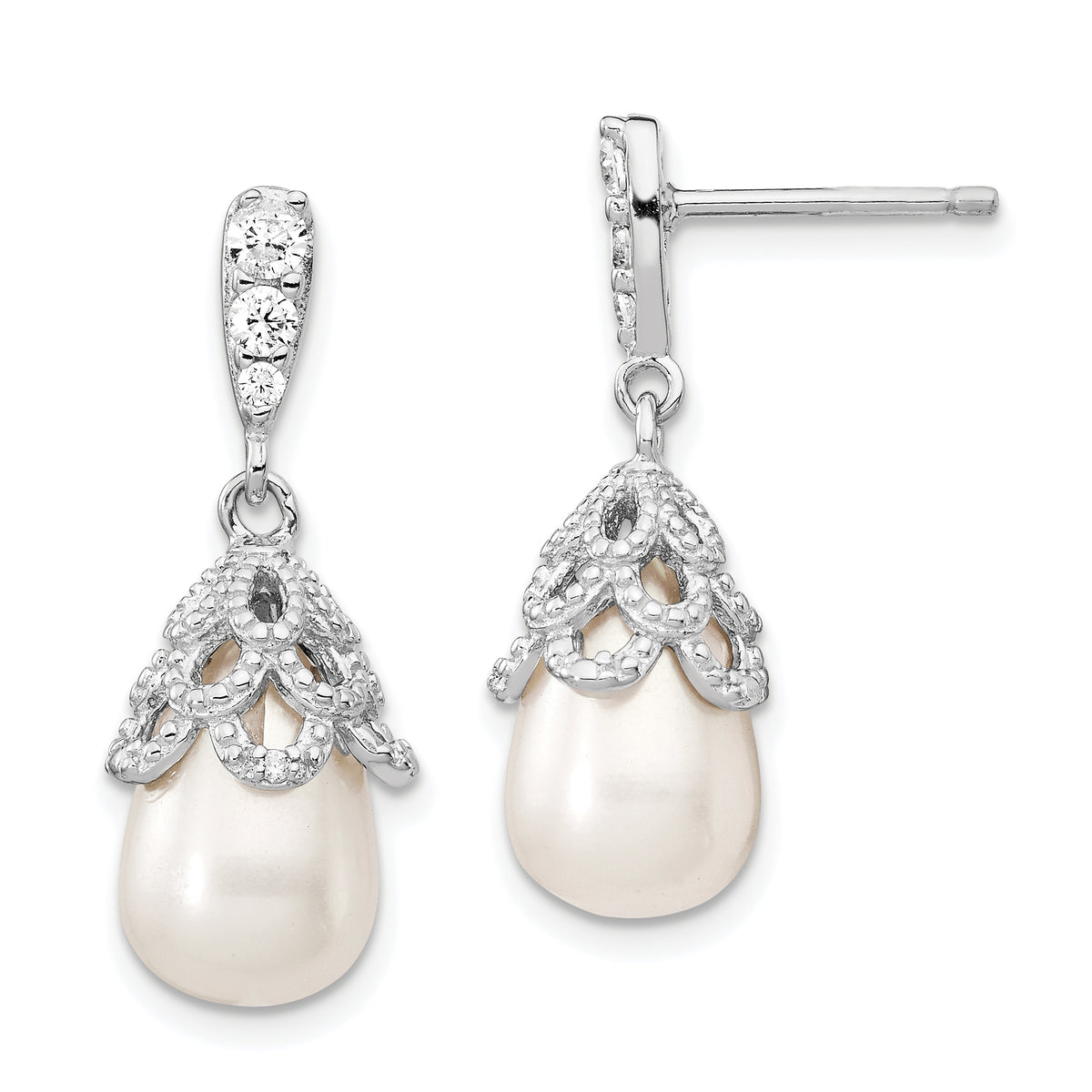 Cheryl M Sterling Silver Rhodium-plated Teardrop White Freshwater Cultured Pearl and Brilliant-cut CZ Post Dangle Earrings