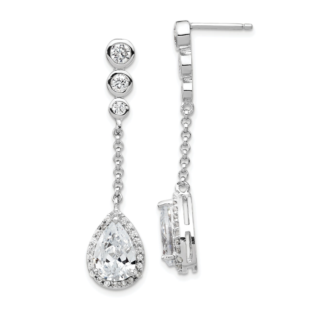 Cheryl M Sterling Silver Rhodium-plated Brilliant-cut CZ Bezel & Teardrop Halo Post Dangle Earrings