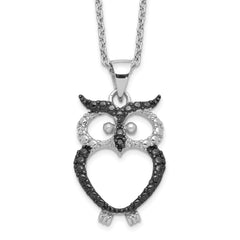 Cheryl M Sterling Silver Rhodium-plated and Black Rhodium Accent Brilliant-cut Black and White CZ Owl 18 Inch Necklace