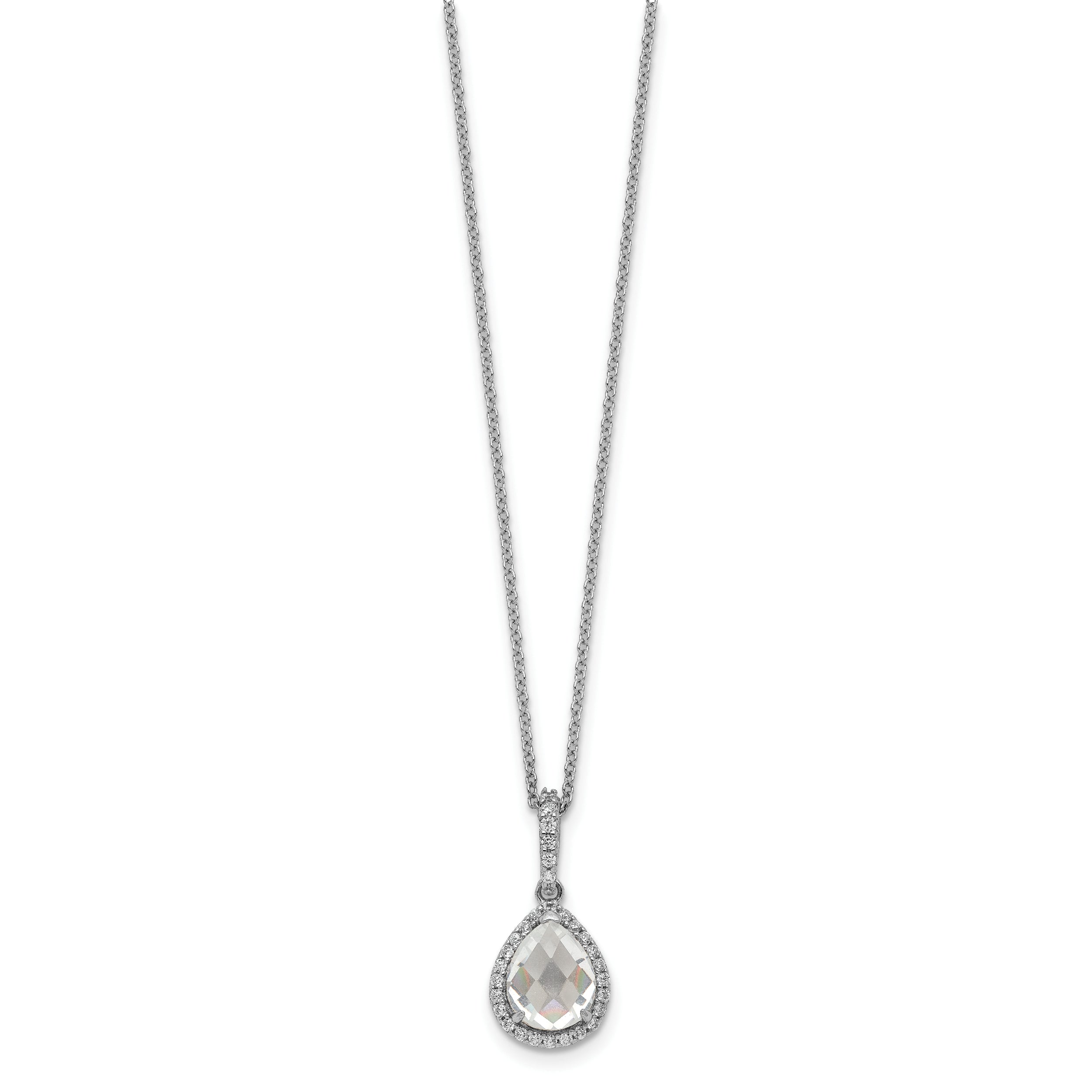 Cheryl M Sterling Silver Rhodium-plated Checkerboard-cut and Brilliant-cut CZ Halo Teardrop 18 Inch Necklace