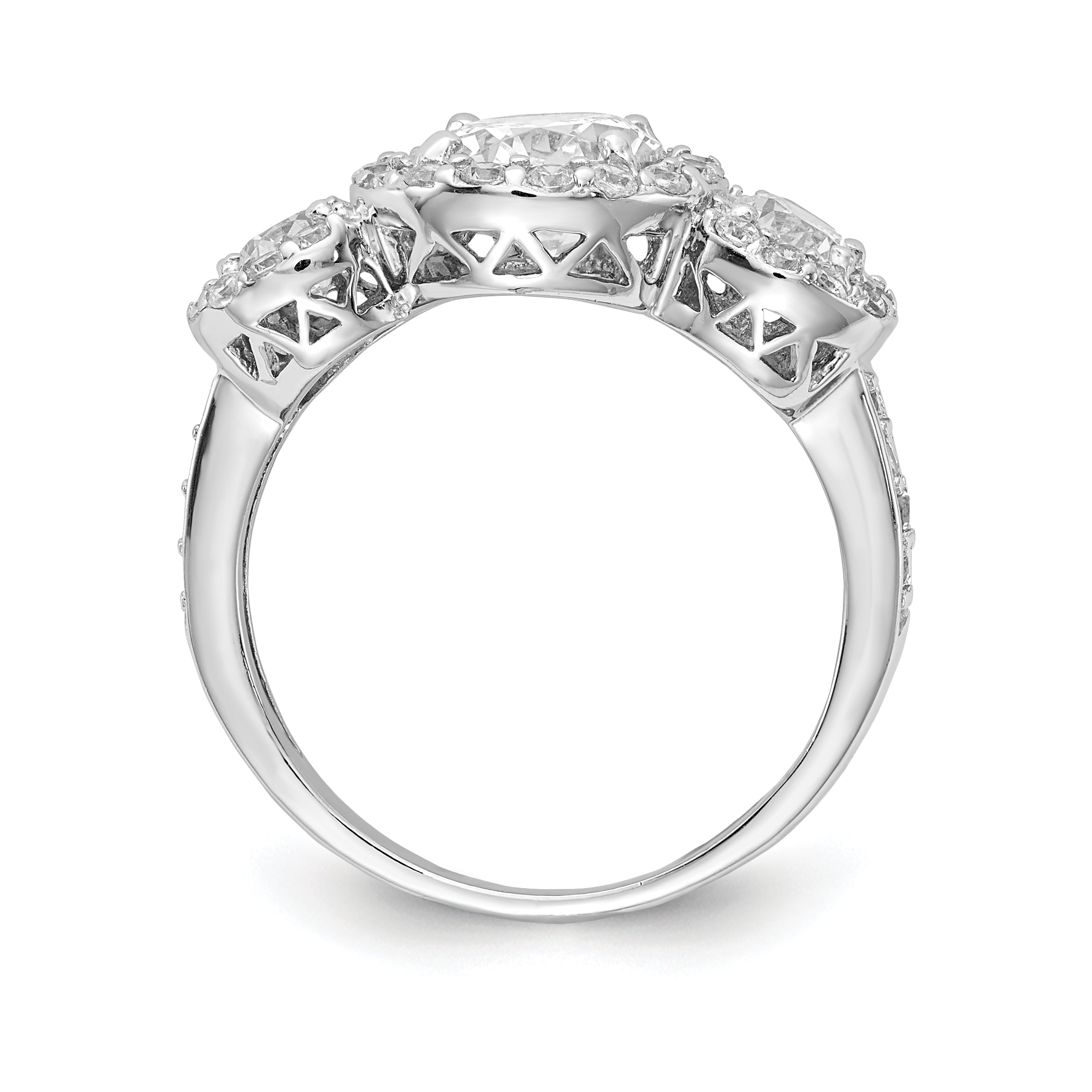 Cheryl M Sterling Silver Rhodium-plated Brilliant-cut CZ Three Stone Halo Ring