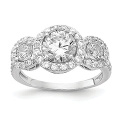 Cheryl M Sterling Silver Rhodium-plated Brilliant-cut CZ Three Stone Halo Ring