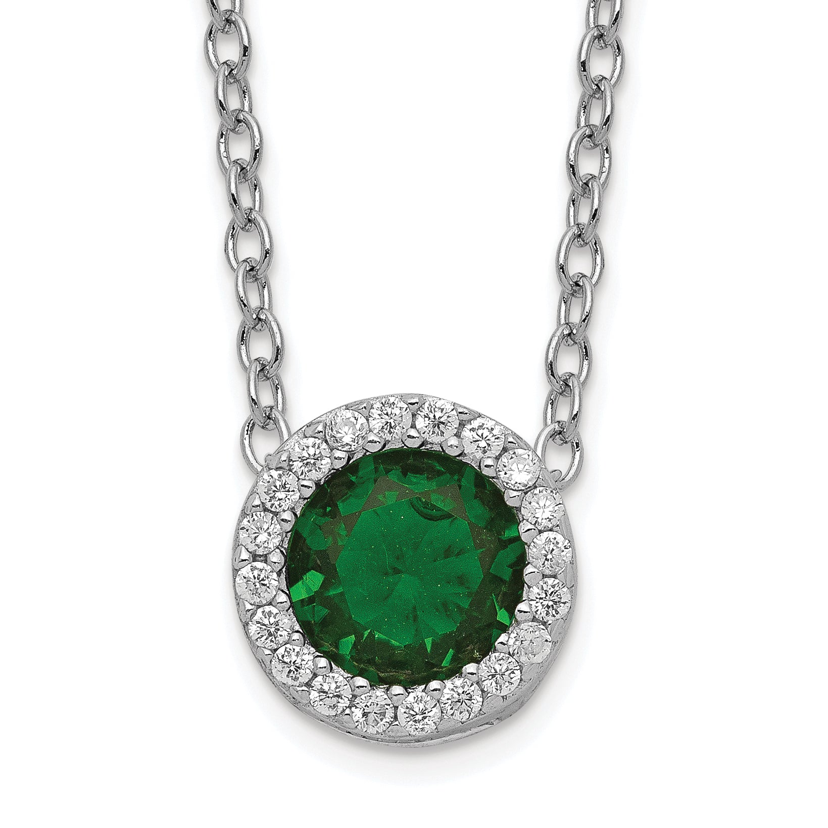 Cheryl M Sterling Silver Rhodium-plated Brilliant-cut Green Glass and Brilliant-cut White CZ Halo 18 Inch Necklace