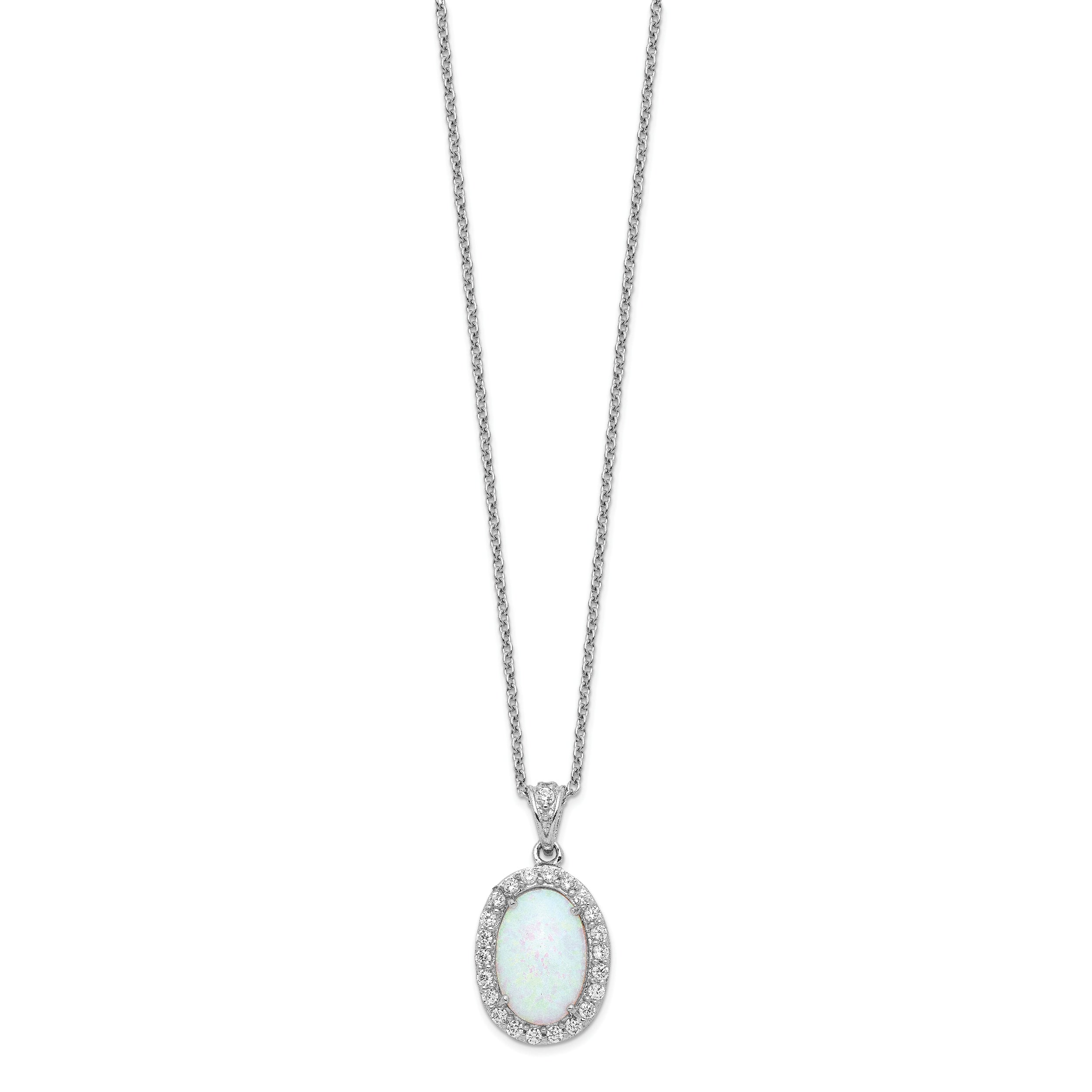 Cheryl M Sterling Silver Rhodium-plated Cabochon Lab Created Opal and Brilliant-cut CZ Oval Halo 18 Inch Necklace