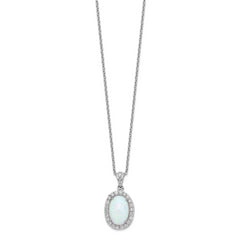 Cheryl M Sterling Silver Rhodium-plated Cabochon Lab Created Opal and Brilliant-cut CZ Oval Halo 18 Inch Necklace