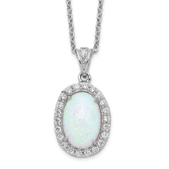 Cheryl M Sterling Silver Rhodium-plated Cabochon Lab Created Opal and Brilliant-cut CZ Oval Halo 18 Inch Necklace