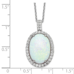 Cheryl M Sterling Silver Rhodium-plated Cabochon Lab Created Opal and Brilliant-cut CZ Oval Halo 18 Inch Necklace