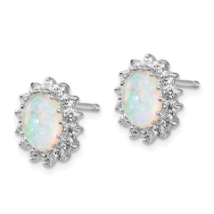 Cheryl M Sterling Silver Rhodium-plated Cabochon Lab Created Opal and Brilliant-cut CZ Oval Halo Post Earrings