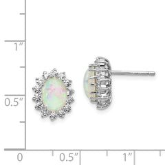 Cheryl M Sterling Silver Rhodium-plated Cabochon Lab Created Opal and Brilliant-cut CZ Oval Halo Post Earrings