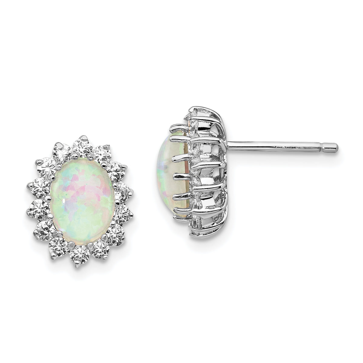 Cheryl M Sterling Silver Rhodium-plated Cabochon Lab Created Opal and Brilliant-cut CZ Oval Halo Post Earrings