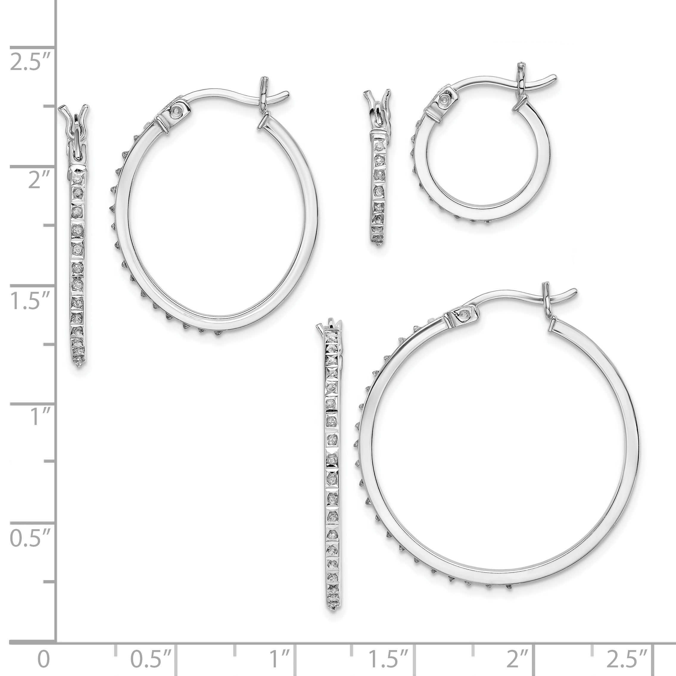 Diamond Fascination Diamond Mystique Sterling Silver Platinum-plated Set of 3 Oval and Round Diamond Hoop Earrings