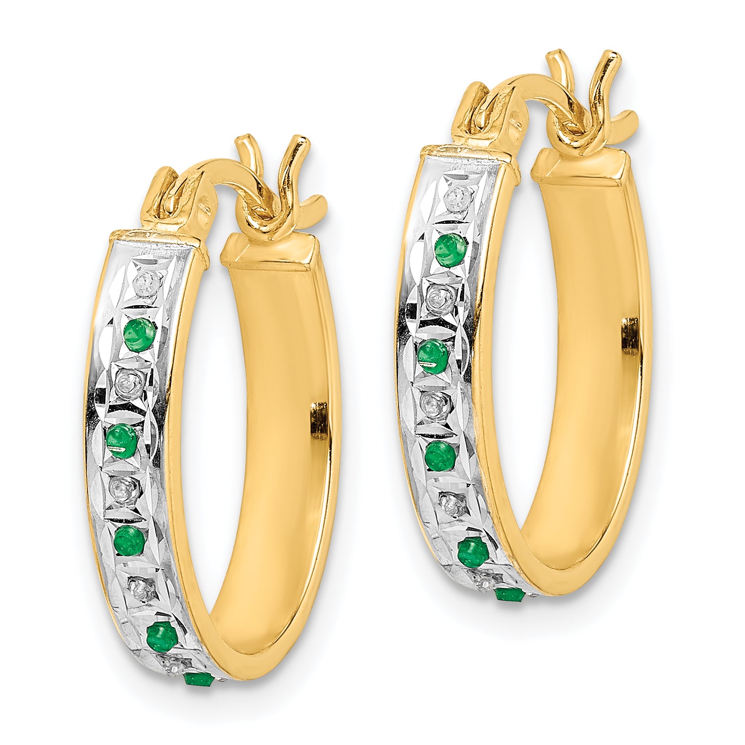 **Sterling Silver 18K Gold-Plated Diamond & Emerald Oval Hoop Earrings**