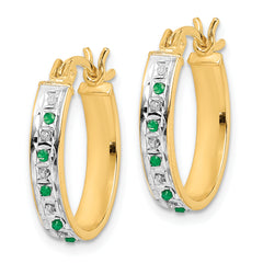 **Sterling Silver 18K Gold-Plated Diamond & Emerald Oval Hoop Earrings**