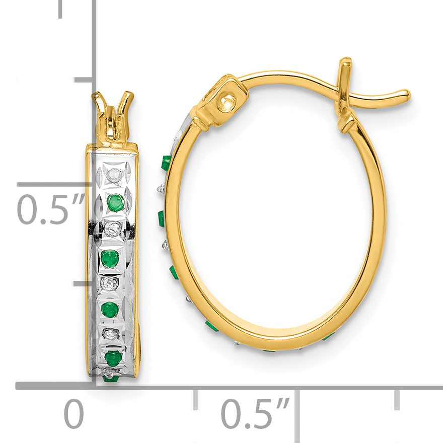 **Sterling Silver 18K Gold-Plated Diamond & Emerald Oval Hoop Earrings**