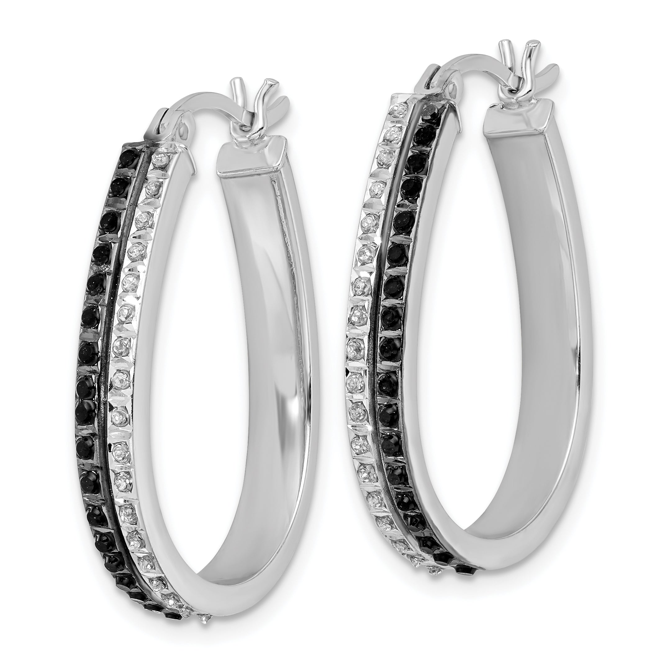 Sterling Silver Platinum-Plated Black & White Diamond Hoop Earrings   Elegant Hinged Design