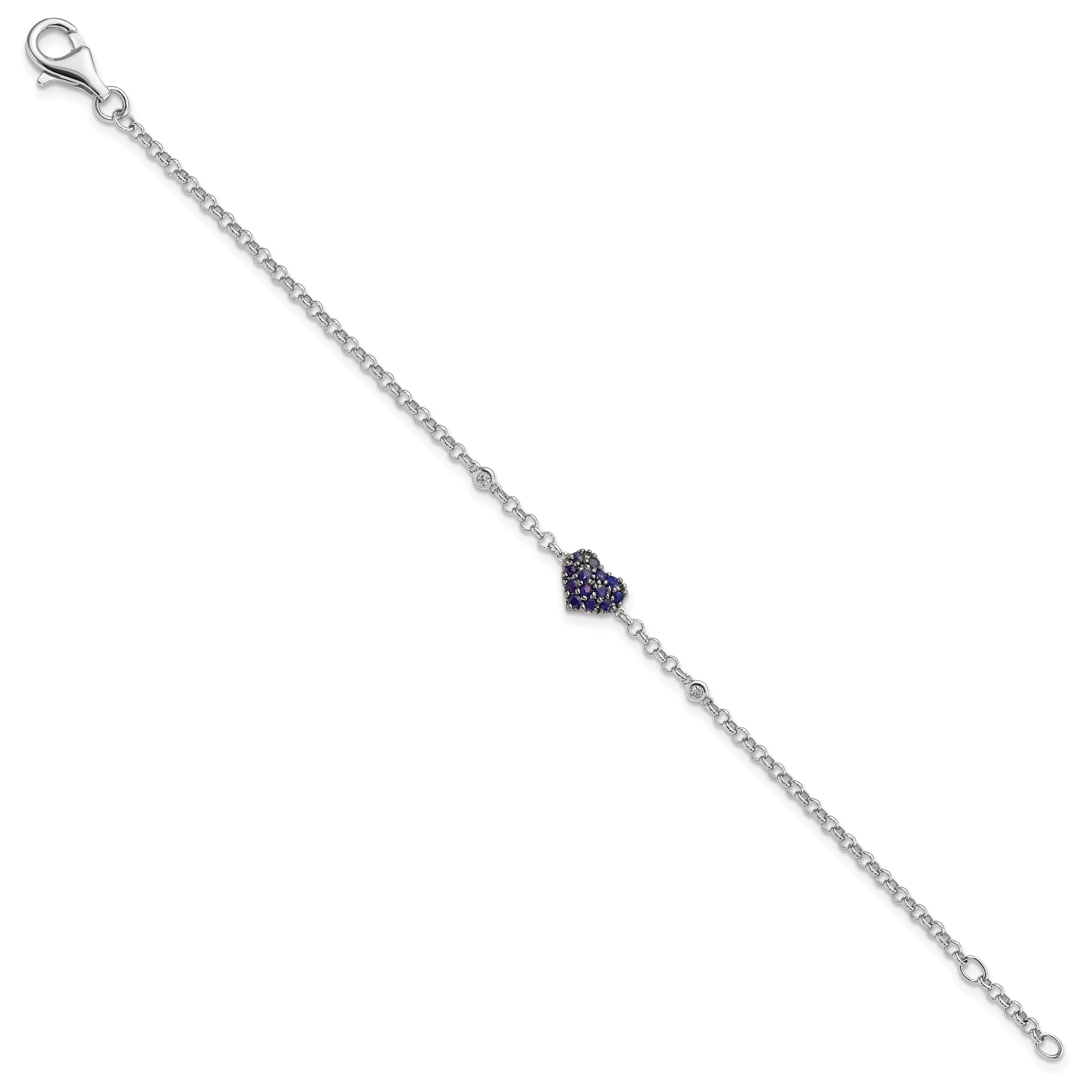 Sterling Silver Rhodium Diam. & Sapphire Heart Bracelet