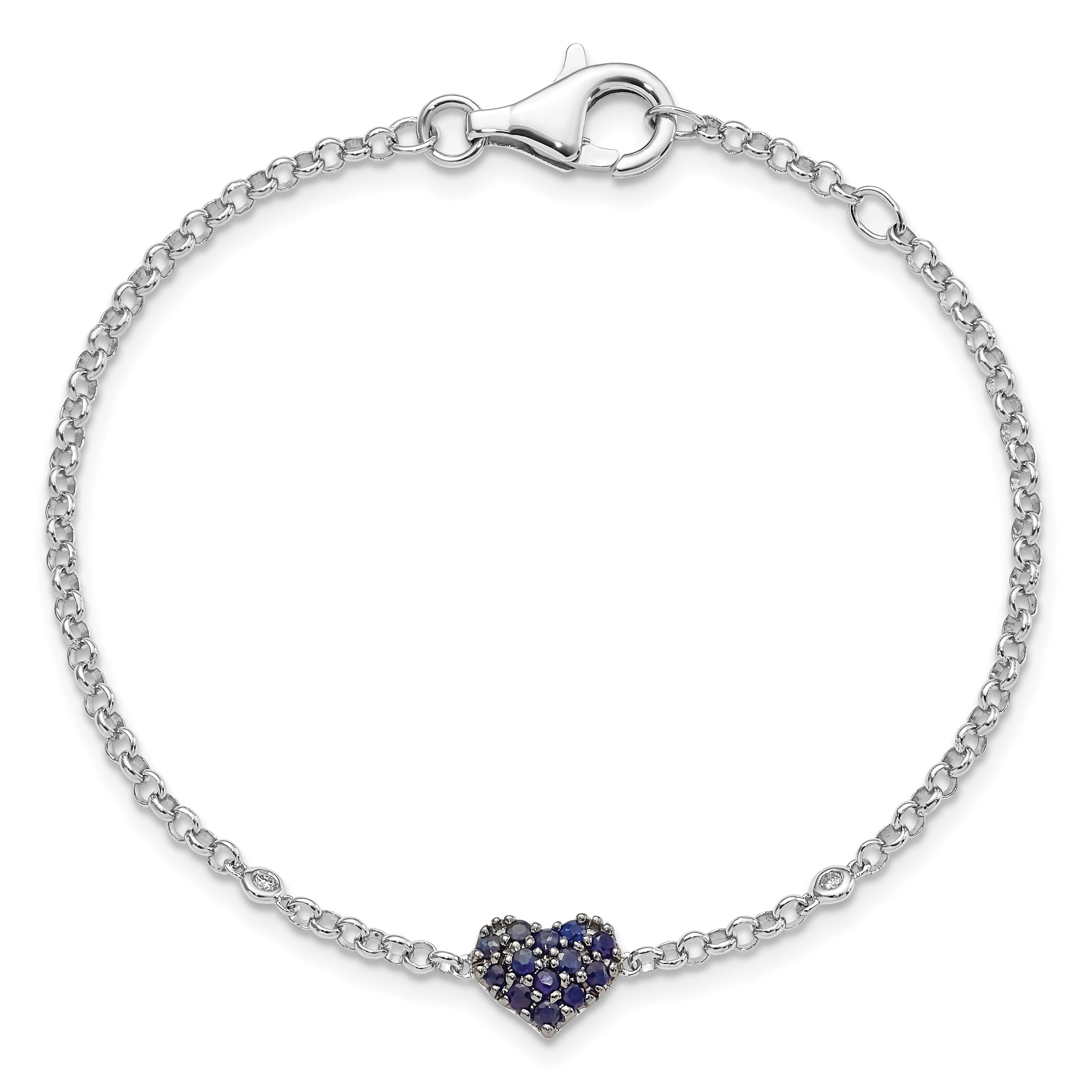 Sterling Silver Rhodium Diam. & Sapphire Heart Bracelet