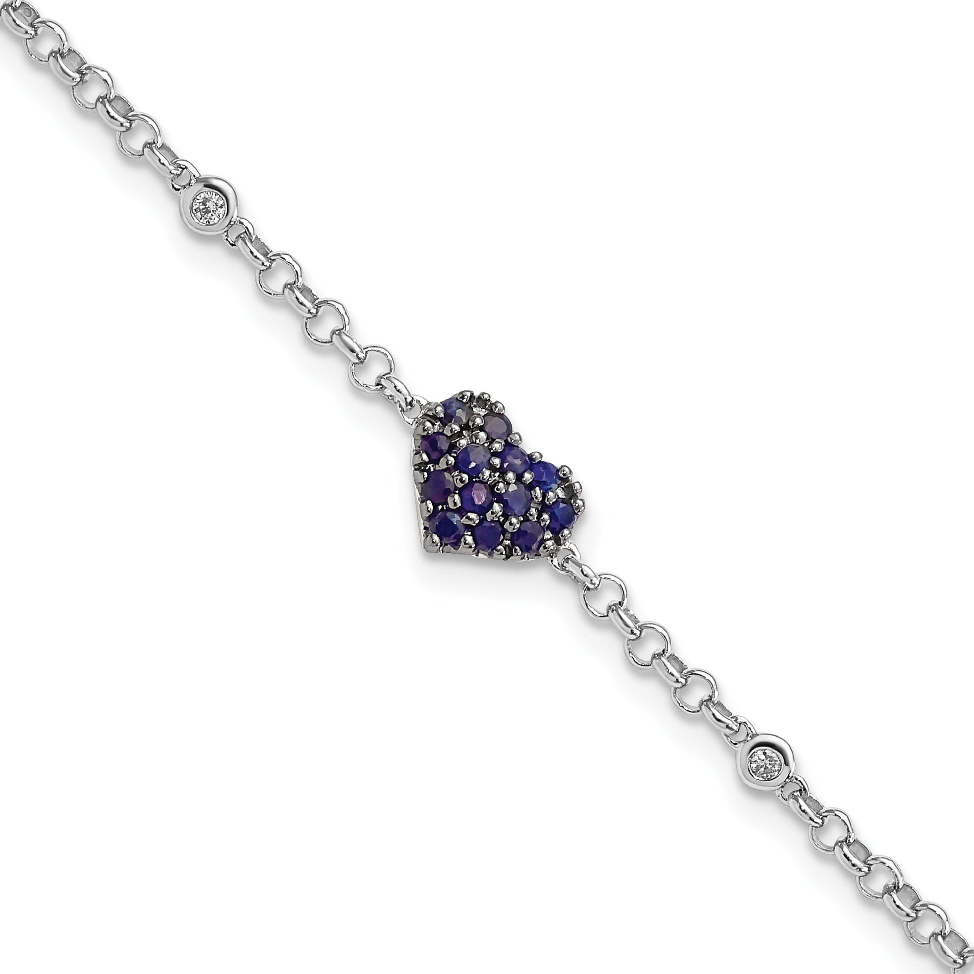 Sterling Silver Rhodium Diam. & Sapphire Heart Bracelet