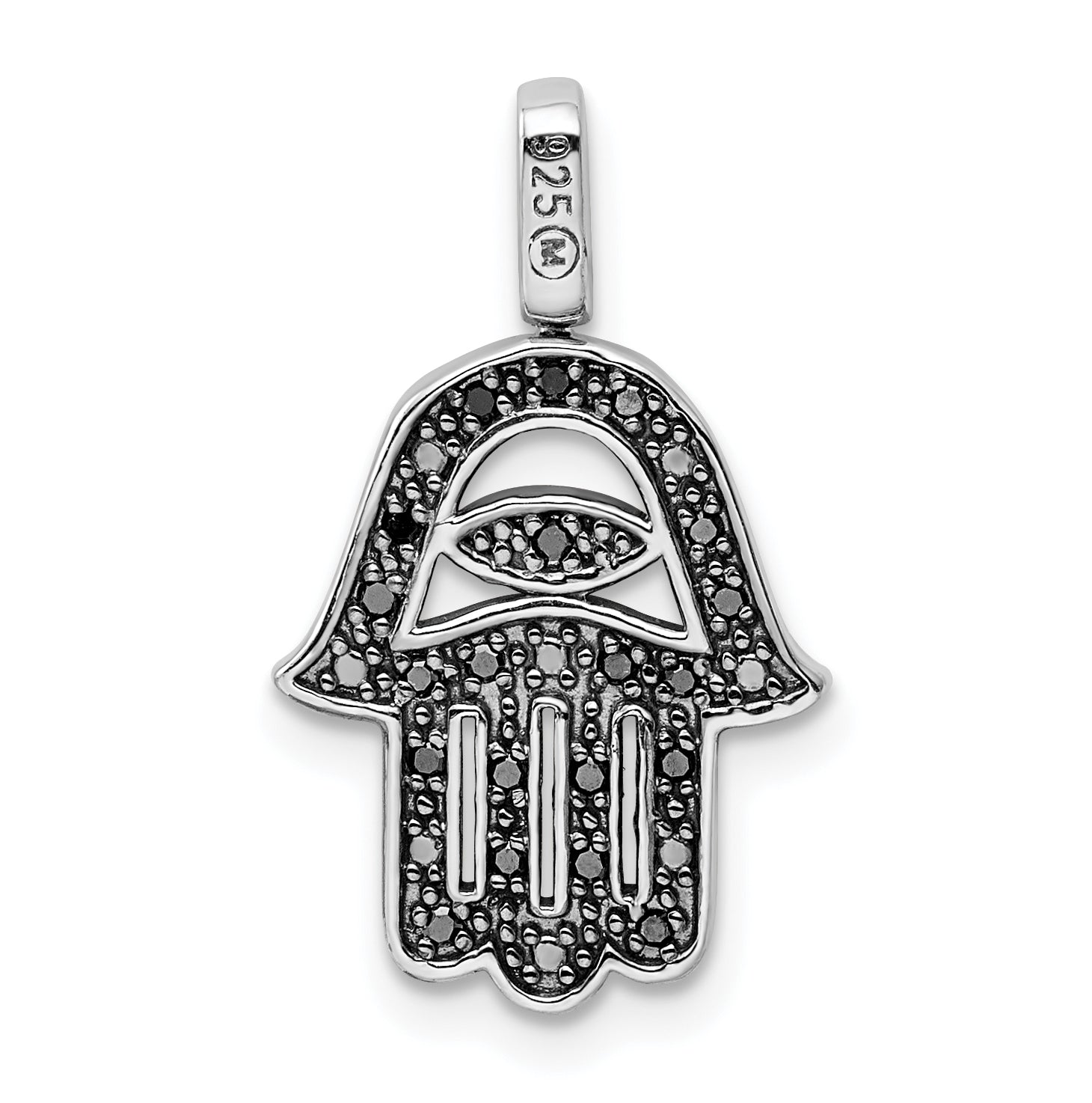 Sterling Silver Rhodium 0.2ct. Blk & Wht Dia. Reverible Hamsa Pendant