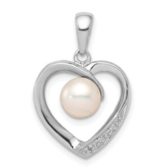 Sterling Silver Rhodium 6mm FW Cultured Pearl & Diamond Heart Pendant