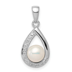 Sterling Silver Rhodium 6mm FW Cltrd Pearl & Diamond Teardrop Pendant