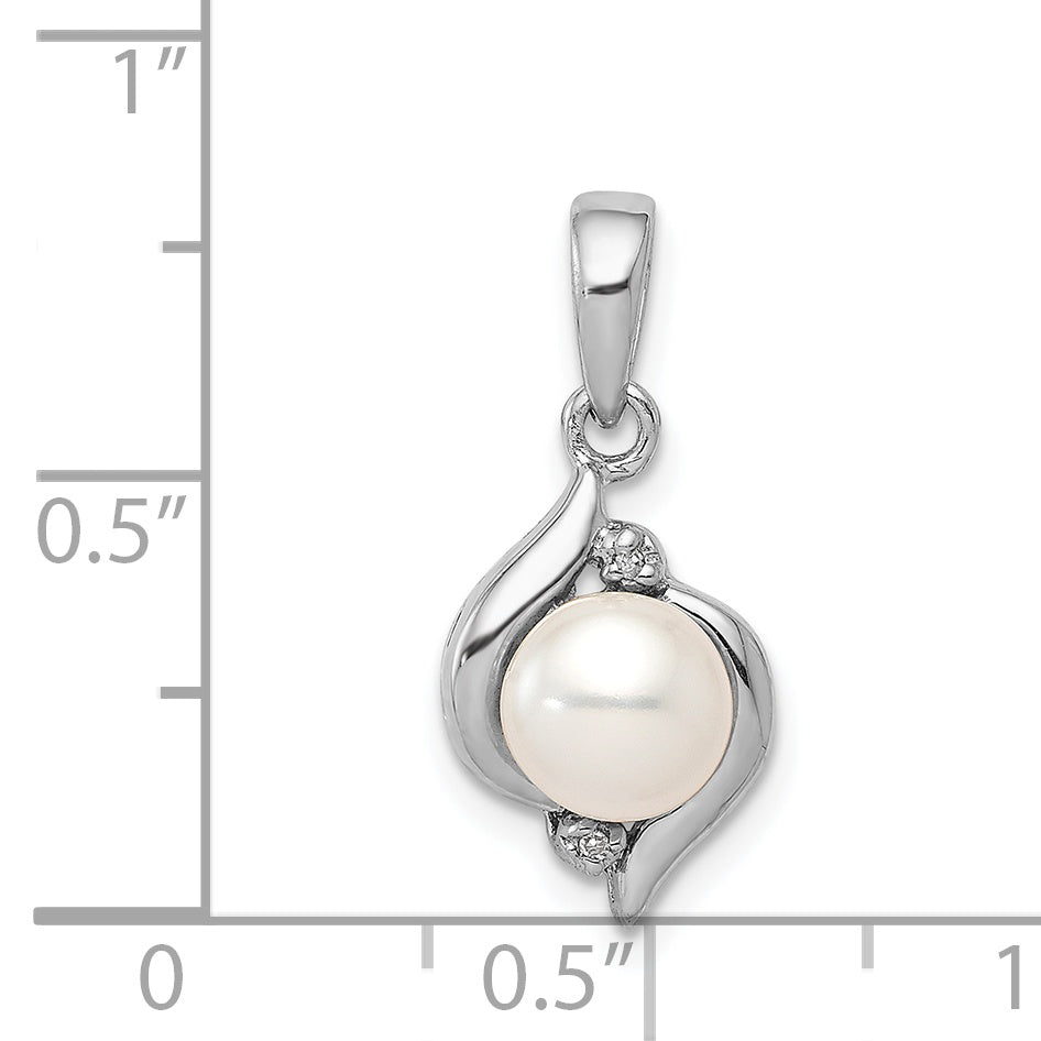 Sterling Silver Rhodium 6mm FW Cultured Pearl & Diamond Pendant