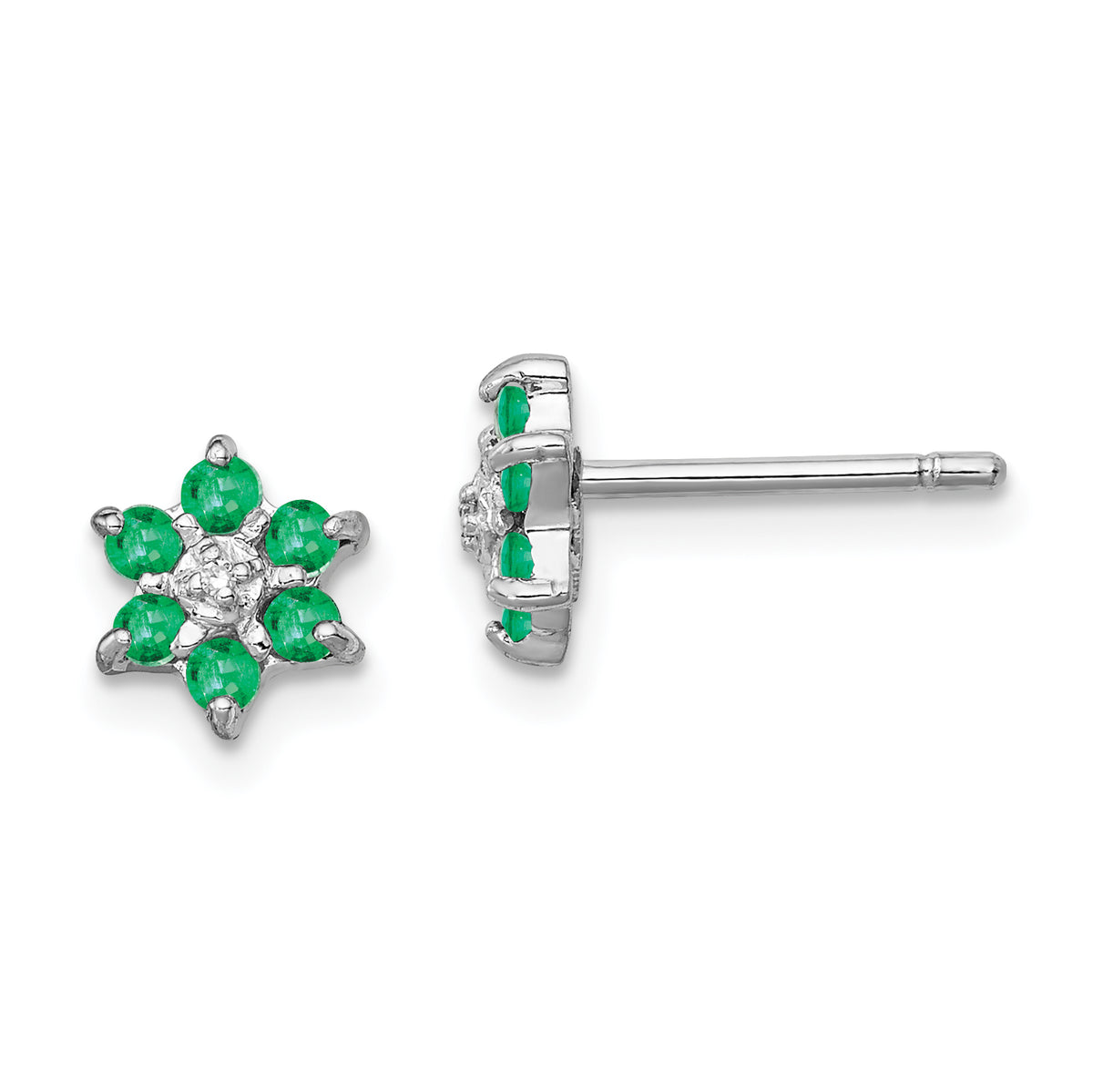 Sterling Silver Rhodium Emerald & Diamond Post Earrings