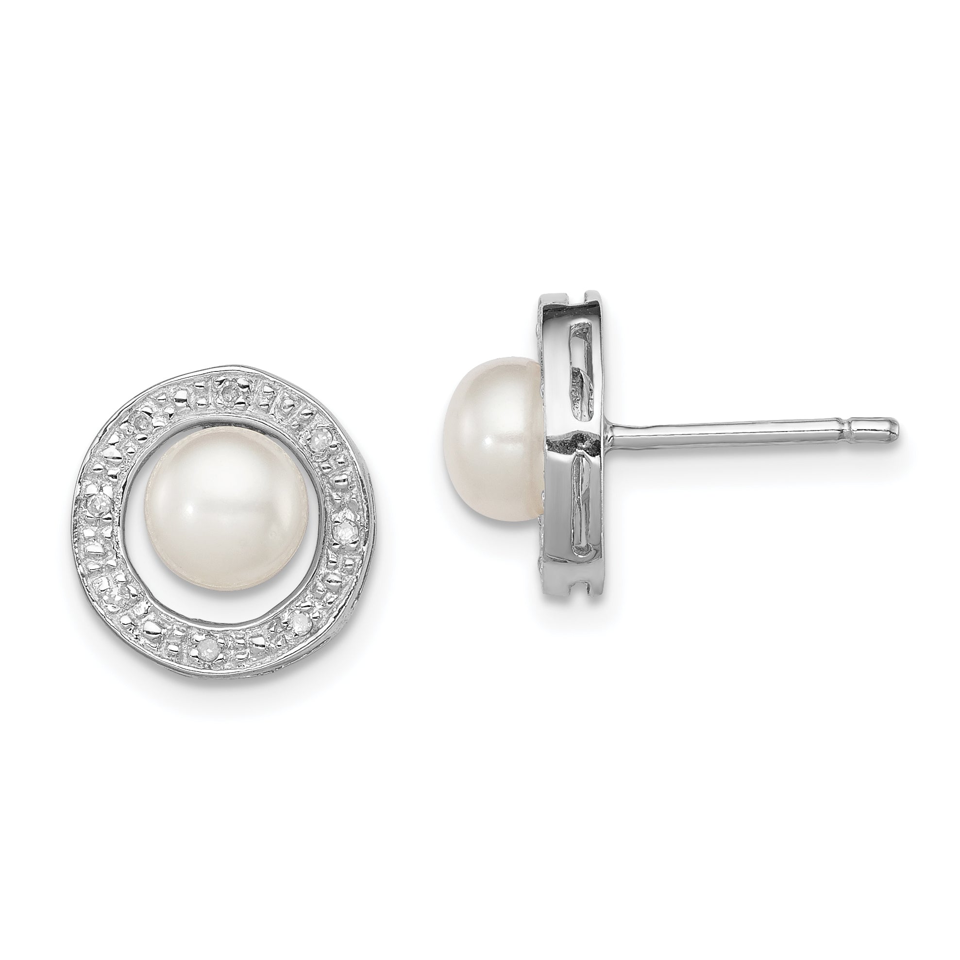 Sterling Silver Rhodium 6mm FW Cultured Pearl & Diamond Post Ear