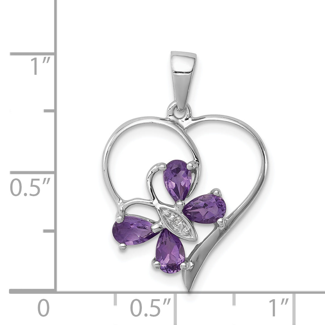 Sterling Silver RH Plated Amethyst and Diamond Butterfly Heart Pendant