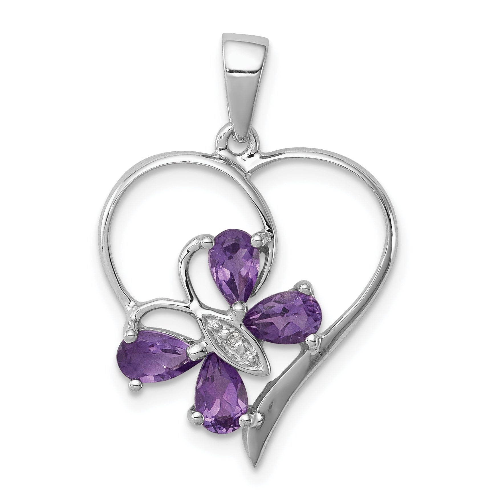 Sterling Silver RH Plated Amethyst and Diamond Butterfly Heart Pendant