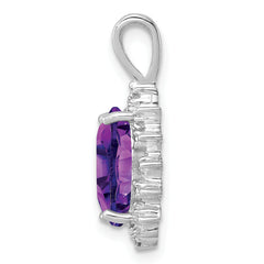 Sterling Silver Rhodium Plated Oval Amethyst and Diamond Pendant